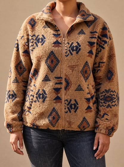 Bruine Dames Teddy Jas Met Opstaande Kraag En Geometrisch Patroon