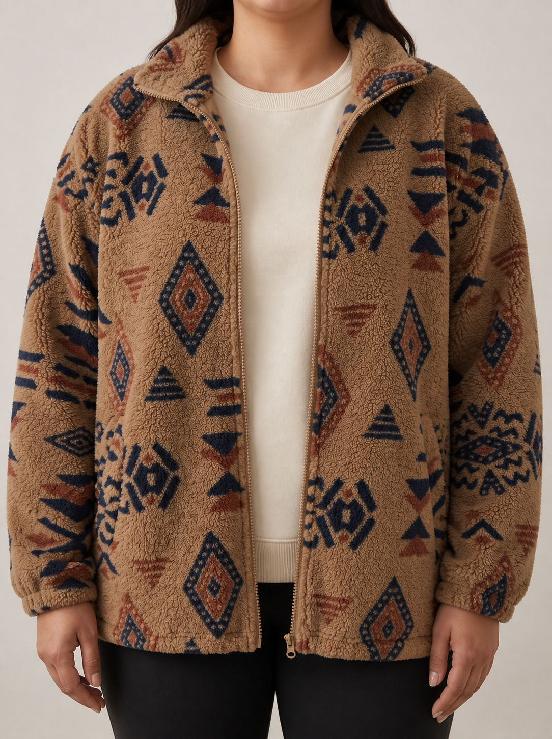 Bruine Dames Teddy Jas Met Opstaande Kraag En Geometrisch Patroon