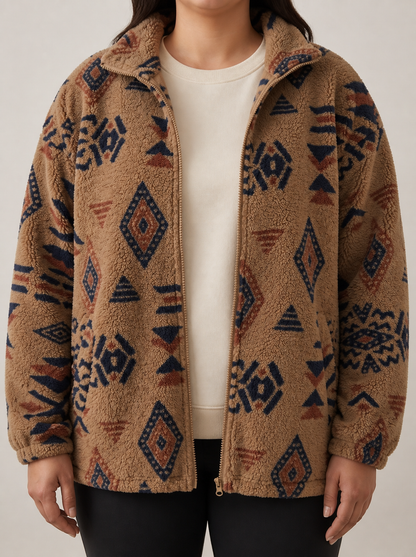 Bruine Dames Teddy Jas Met Opstaande Kraag En Geometrisch Patroon