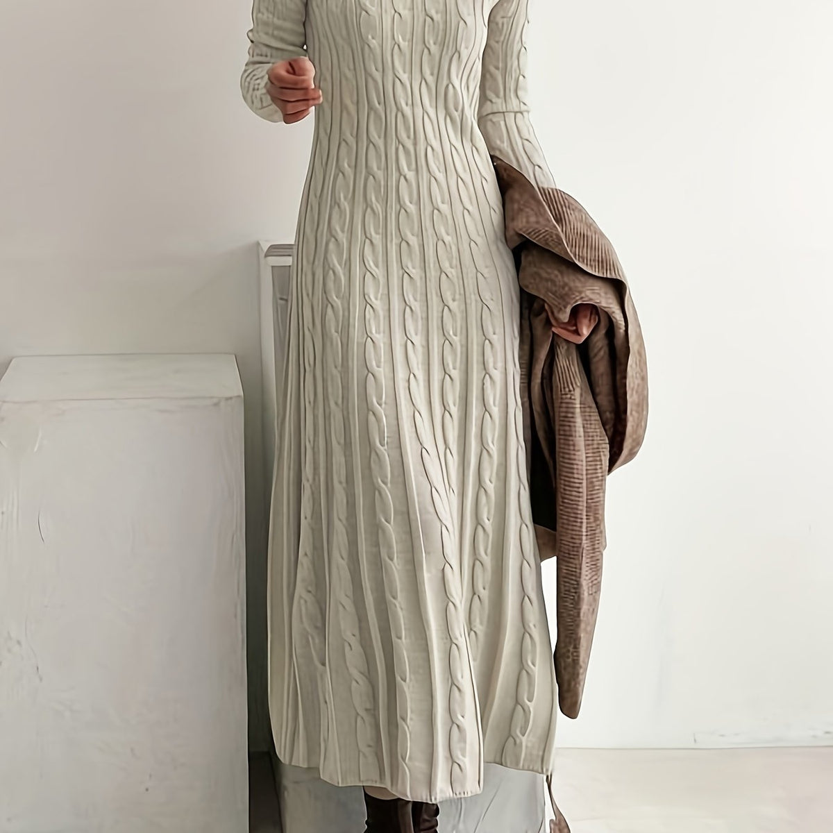 Maxi Sweaterjurk Dames – Lange Gebreide Jurk Met Kabelpatroon