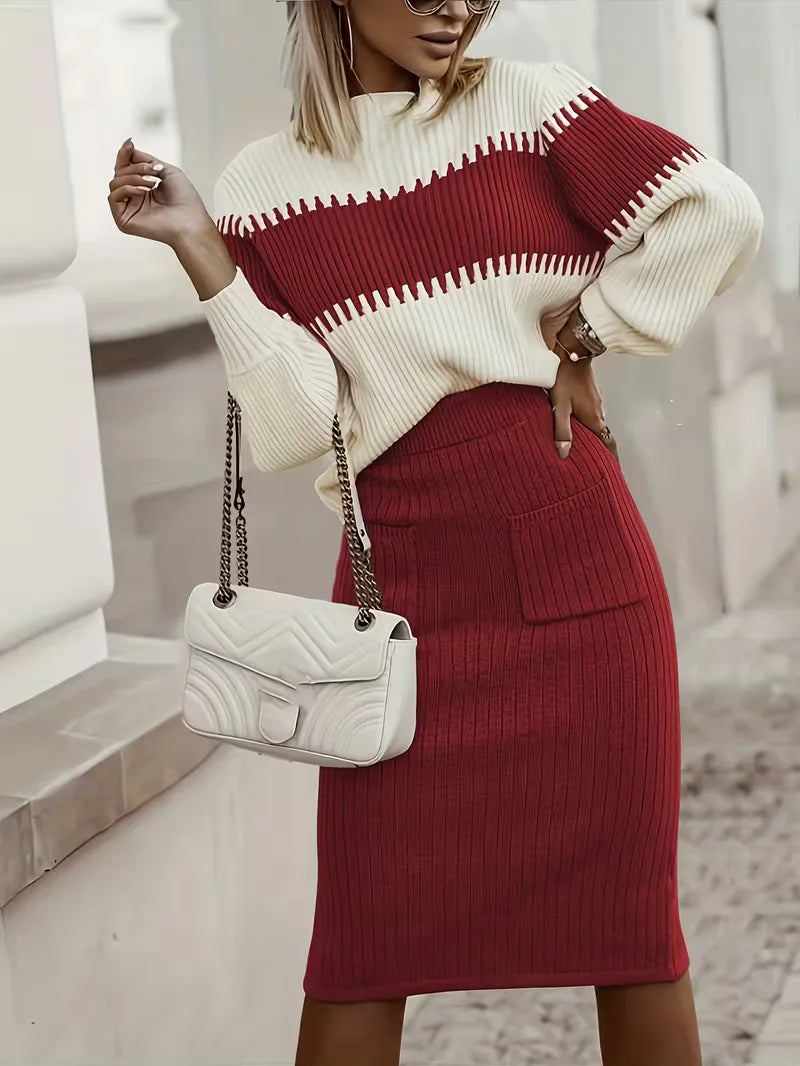 Tweedelige Ribgebreide Set Dames – Trui & Bijpassende Rok