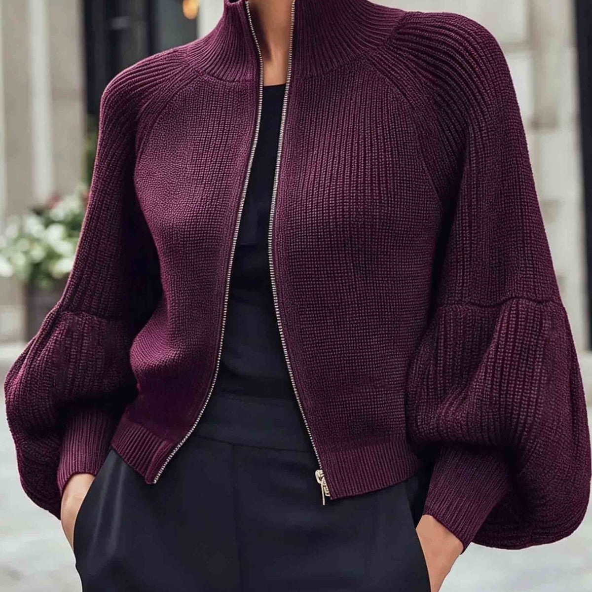 Vest Dames Met Pofmouwen – Cardigan Met Rits