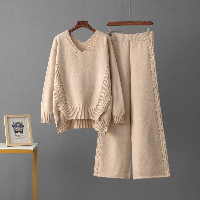 Gebreide Set Dames – Kabeltrui Met V-Hals & Wijde Broek