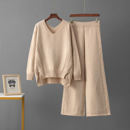 Gebreide Set Dames – Kabeltrui Met V-Hals & Wijde Broek