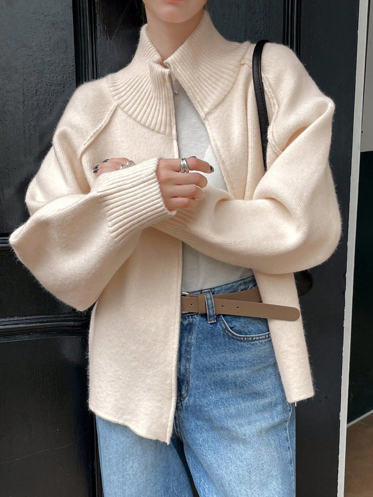 Oversized Dames Vest Met Geribde Kraag En Lange Mouwen