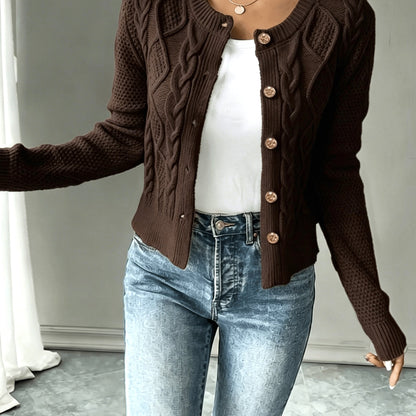 Dames Gebreid Korte Cardigan Met Kabelpatroon En Gouden Knopen