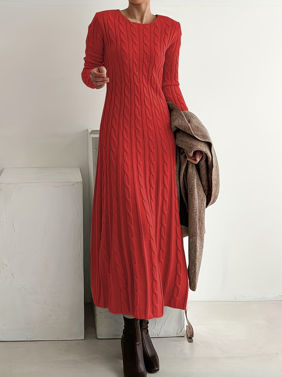 Maxi Sweaterjurk Dames – Lange Gebreide Jurk Met Kabelpatroon