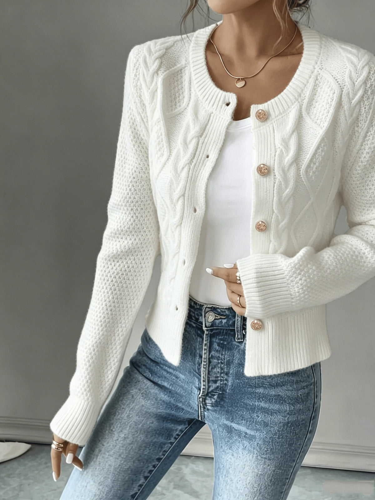 Dames Gebreid Korte Cardigan Met Kabelpatroon En Gouden Knopen