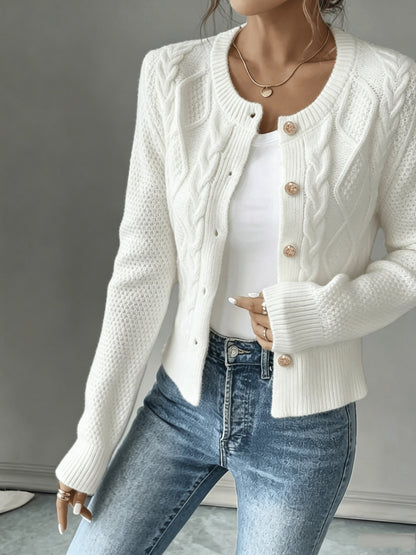 Dames Gebreid Korte Cardigan Met Kabelpatroon En Gouden Knopen