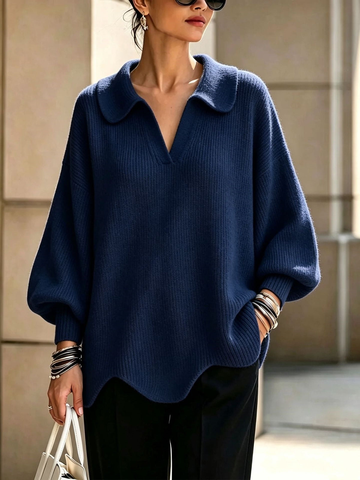 Oversized Trui Dames Met V-Hals – Sweater Met Ballonmouwen