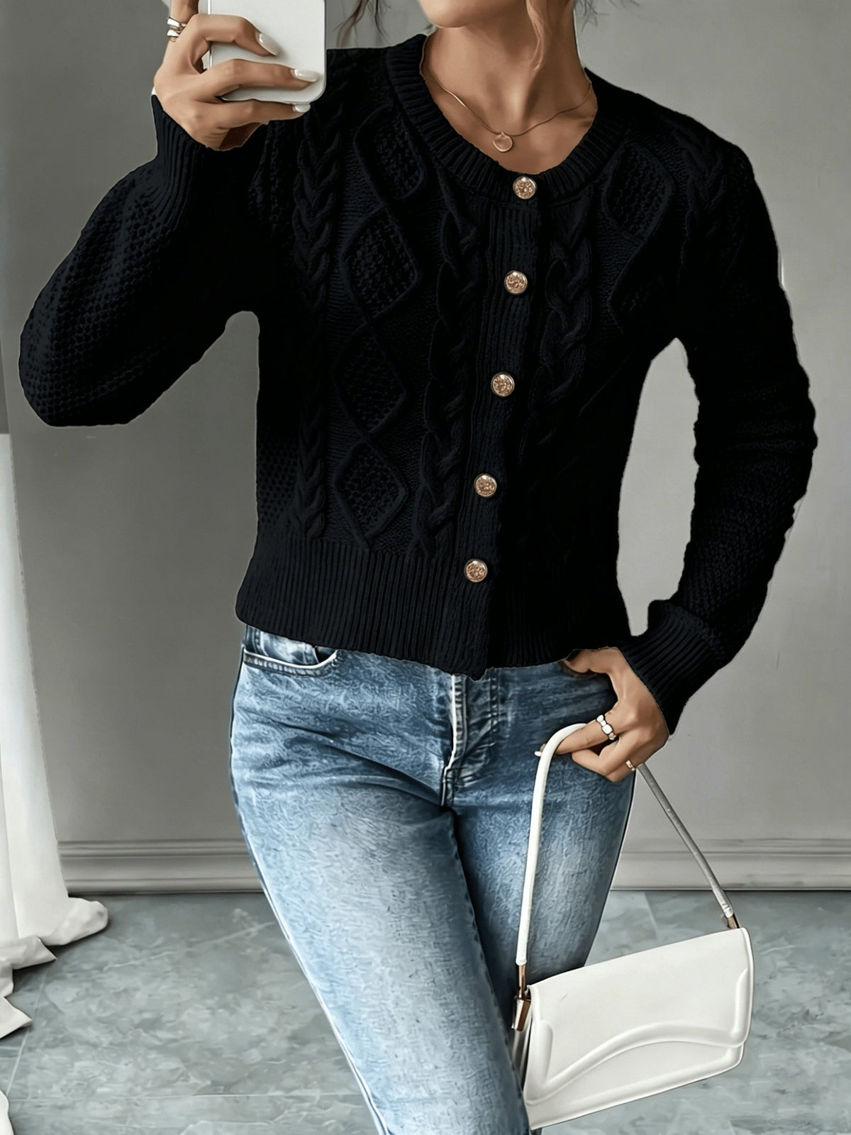 Dames Gebreid Korte Cardigan Met Kabelpatroon En Gouden Knopen