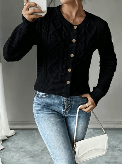 Dames Gebreid Korte Cardigan Met Kabelpatroon En Gouden Knopen