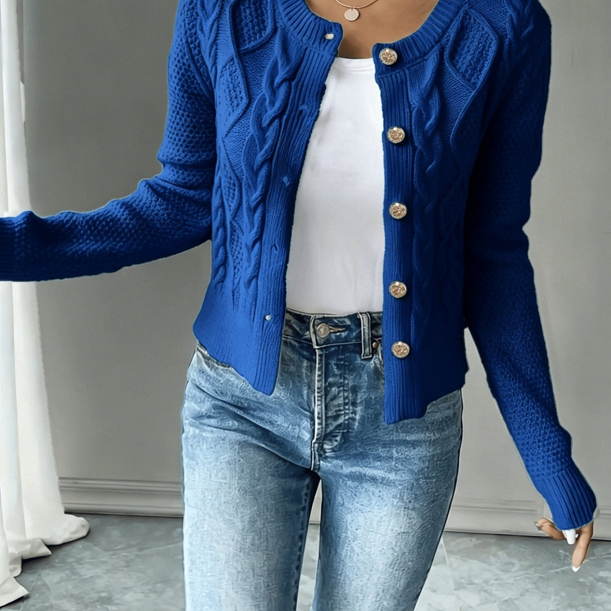 Dames Gebreid Korte Cardigan Met Kabelpatroon En Gouden Knopen