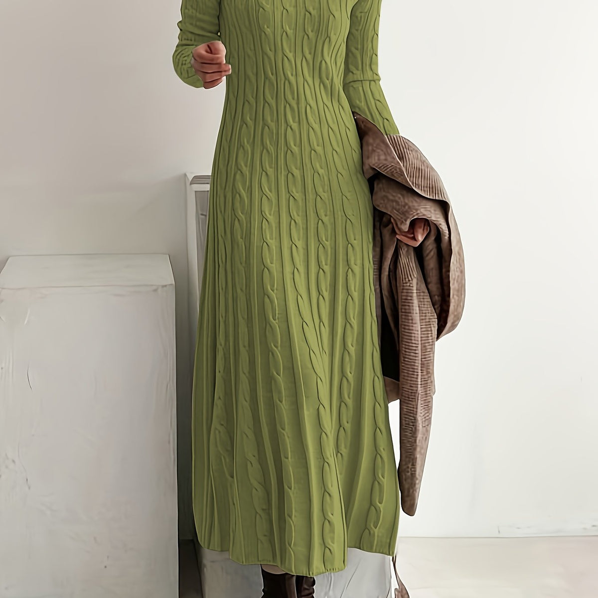 Maxi Sweaterjurk Dames – Lange Gebreide Jurk Met Kabelpatroon