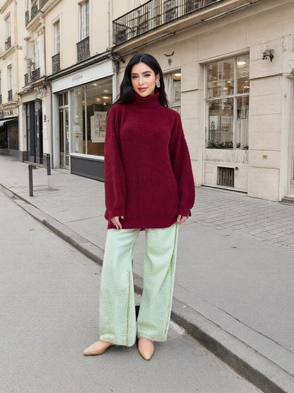 Oversized Coltrui Dames – Halflange Gebreide Top Met Rolcol
