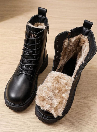 Leerlook Winterlaarzen Dames – Veterboots Met Fleecevoering