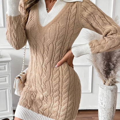 Sweaterjurk Dames – Gebreide Jurk Met Kraag & Kabelpatroon
