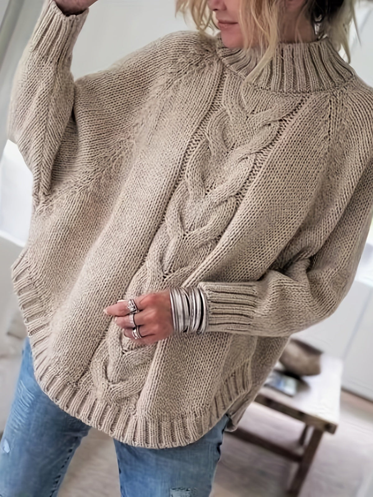 Oversized Dames Trui Met Kabelpatroon En Lange Mouwen