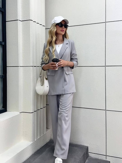Elegante Dames Blazer Set Met Wijde Pantalon