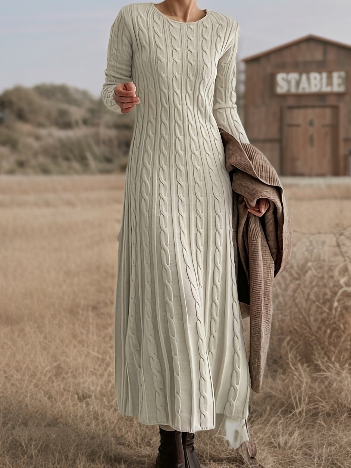 Maxi Sweaterjurk Dames – Lange Gebreide Jurk Met Kabelpatroon