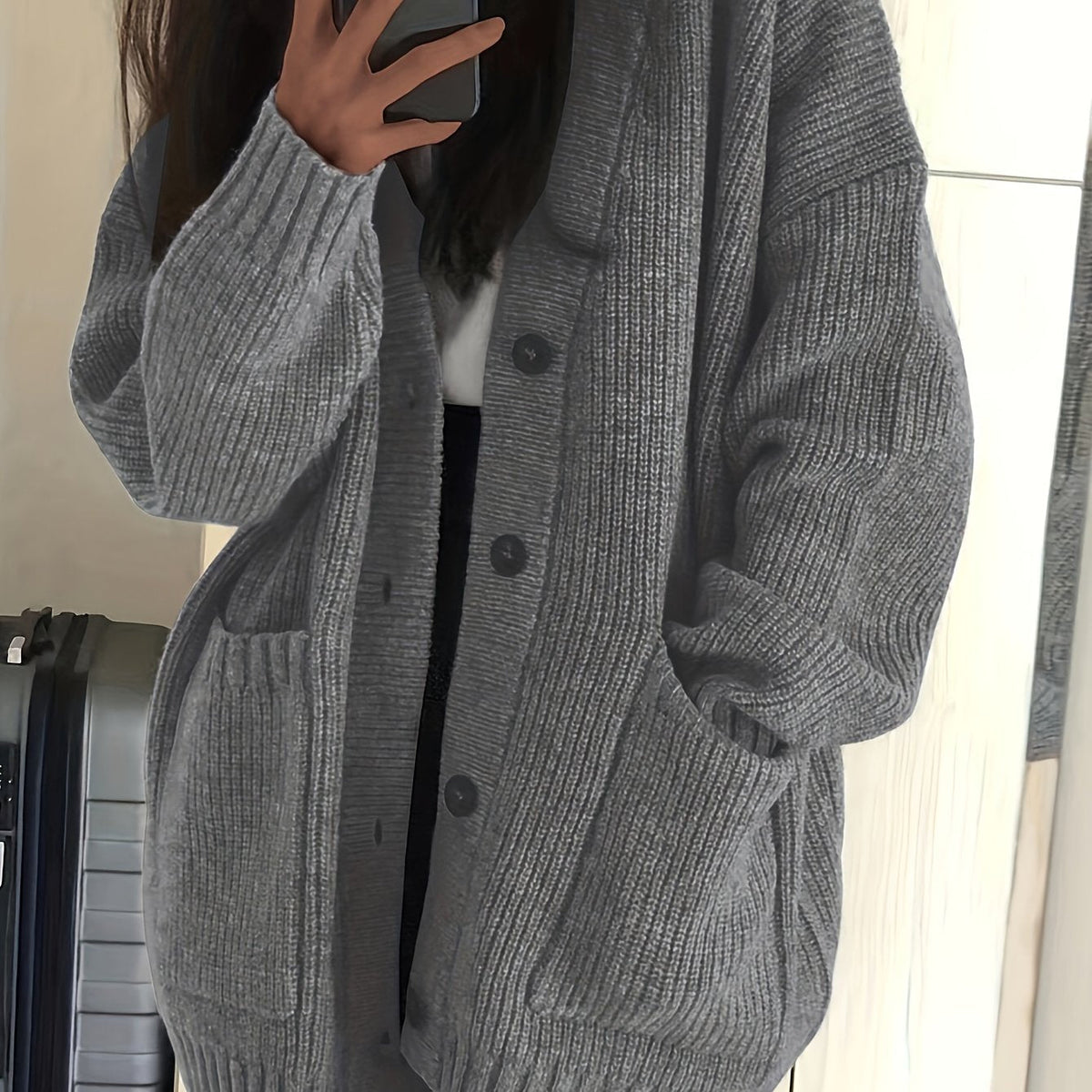 Lange Oversized Dames Cardigan Met V-Hals En Opgestikte Zakken