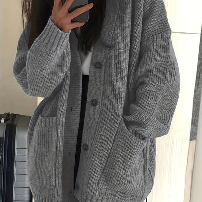 Lange Oversized Dames Cardigan Met V-Hals En Opgestikte Zakken