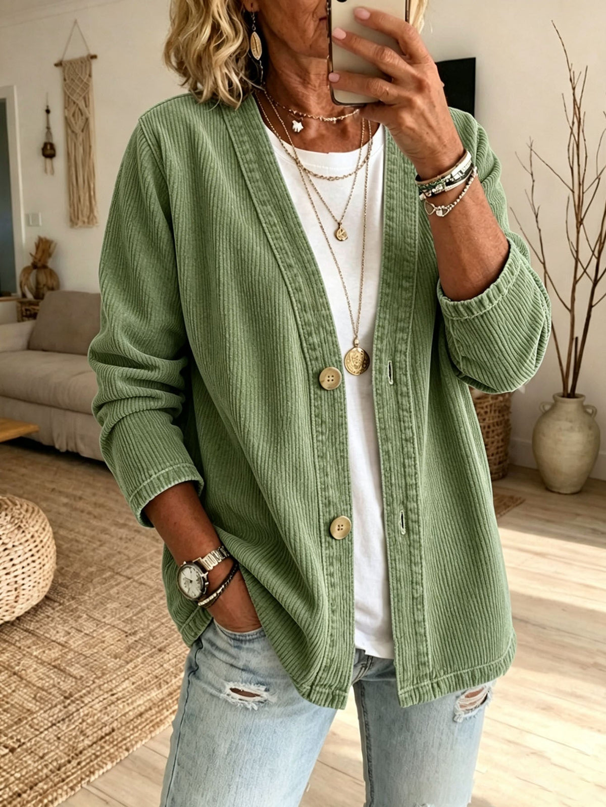 Corduroy Vest Dames – Cardigan Met V-Hals En Ribstructuur