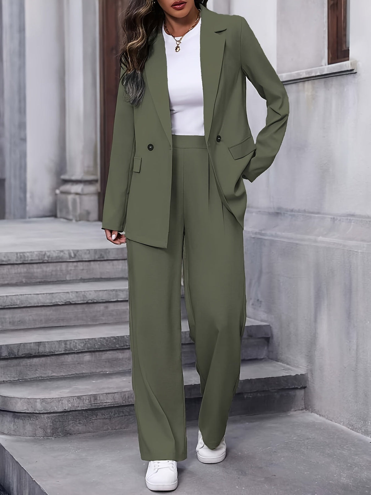 Elegante Dames Blazer Set Met Wijde Pantalon