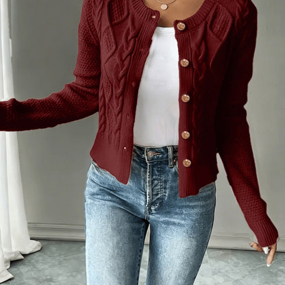 Dames Gebreid Korte Cardigan Met Kabelpatroon En Gouden Knopen