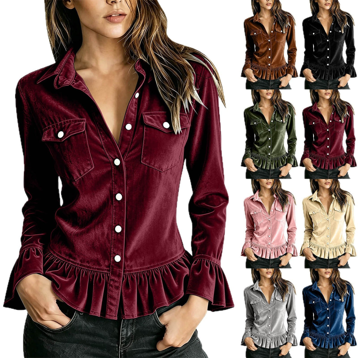 Ribfluwelen Blouse Dames – Ruches Blouse Met Lange Mouwen