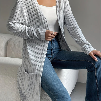 Lang Vest Dames – Ribgebreide Cardigan Met Zakken