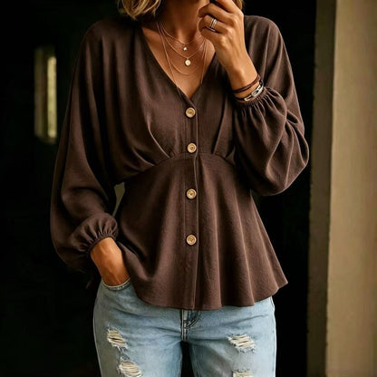 Blouse Dames Met V-Hals – Peplum Top Met Ballonmouwen