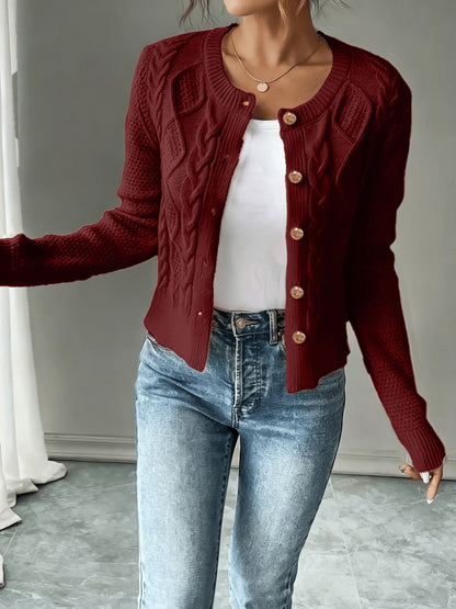 Dames Gebreid Korte Cardigan Met Kabelpatroon En Gouden Knopen