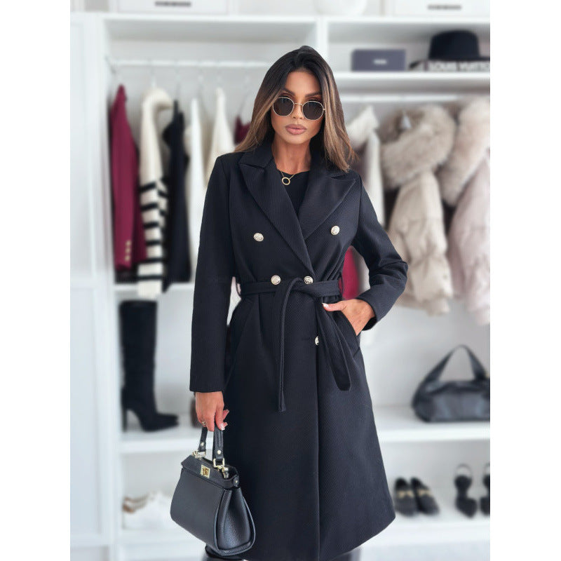 Elegante Lange Jas Dames – Wollen Mantel Met Ceintuur