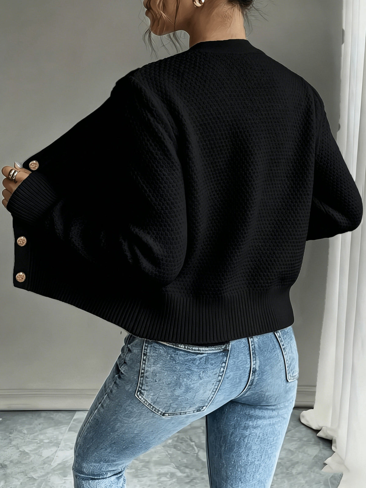 Dames Gebreid Korte Cardigan Met Kabelpatroon En Gouden Knopen