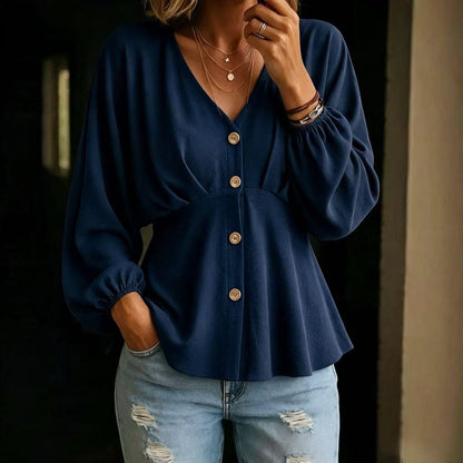 Blouse Dames Met V-Hals – Peplum Top Met Ballonmouwen