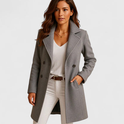 Elegante Wollen Jas Voor Dames Met Reverskraag En Dubbele Knoopsluiting