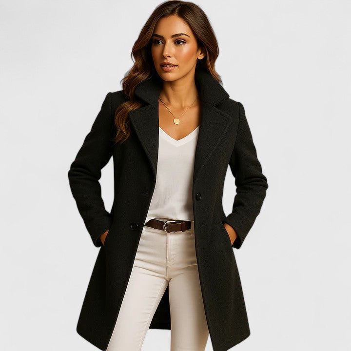 Elegante Wollen Jas Voor Dames Met Reverskraag En Dubbele Knoopsluiting