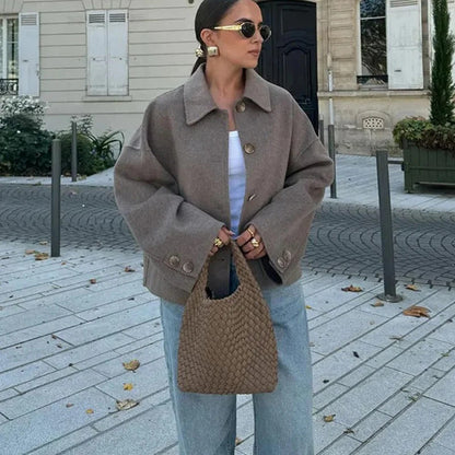 Oversized Dames Korte Wollen Jas Met Wijde Mouwen