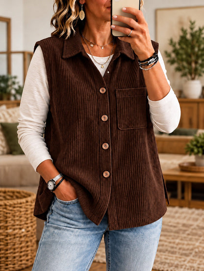 Corduroy Gilet Dames Met Kraag – Knopen & Borstzak