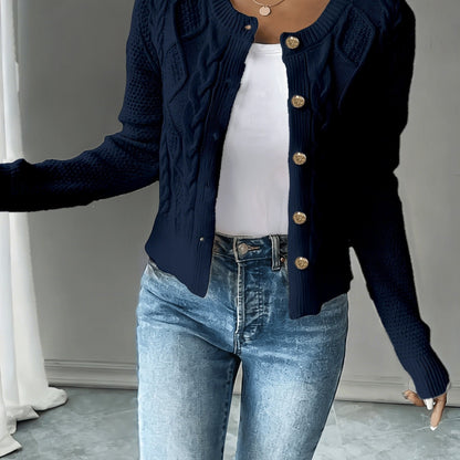Dames Gebreid Korte Cardigan Met Kabelpatroon En Gouden Knopen