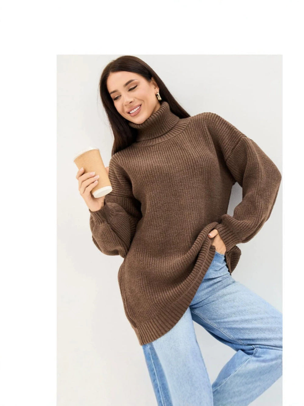 Oversized Coltrui Dames – Halflange Gebreide Top Met Rolcol