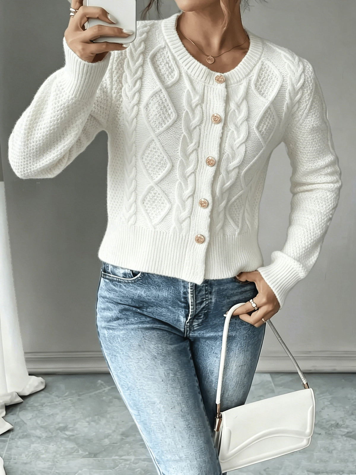 Dames Gebreid Korte Cardigan Met Kabelpatroon En Gouden Knopen