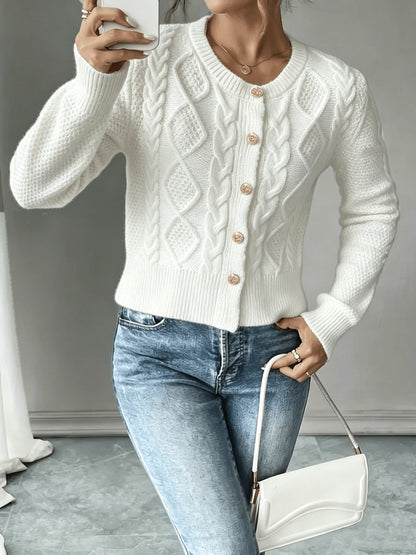 Dames Gebreid Korte Cardigan Met Kabelpatroon En Gouden Knopen