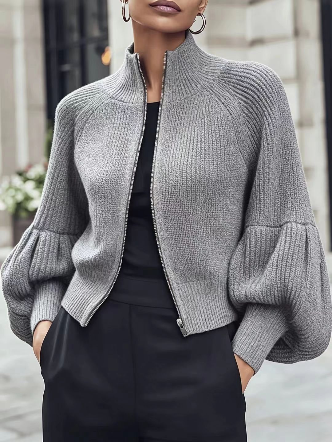 Kort Gebreid Vest Dames – Cropped Cardigan Met Pofmouwen