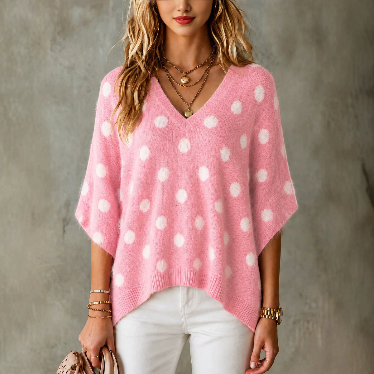 Oversized Trui Dames Met Stippen – Gebreide Sweater Met V-Hals