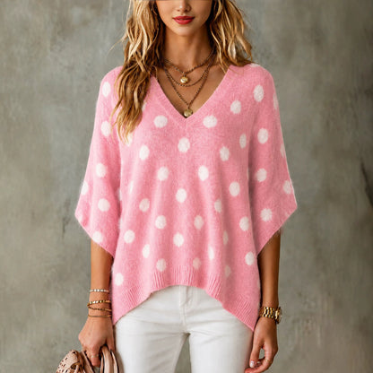 Oversized Trui Dames Met Stippen – Gebreide Sweater Met V-Hals