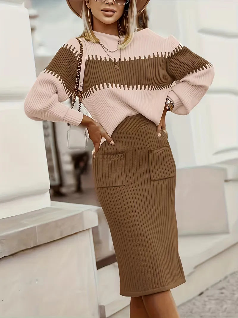 Tweedelige Ribgebreide Set Dames – Trui & Bijpassende Rok
