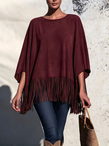 Losvallende Blouse Dames Met Franjes – Top Met Ronde Hals