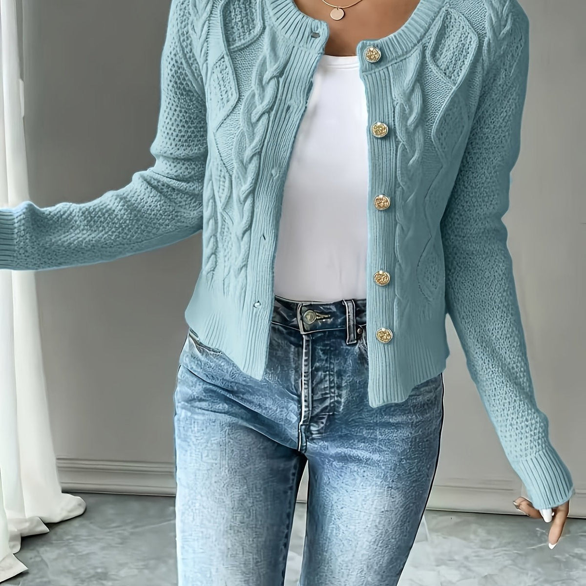 Dames Gebreid Korte Cardigan Met Kabelpatroon En Gouden Knopen